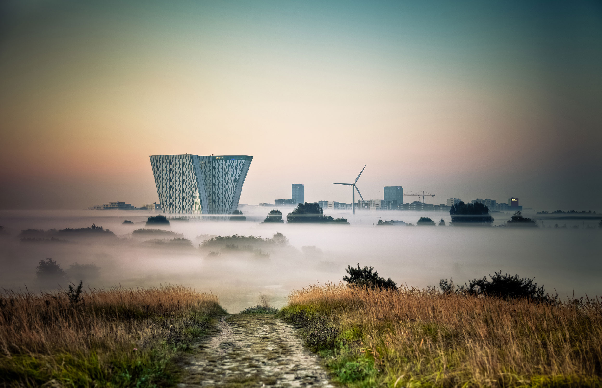 Amager Fælled med tåge og udsigt til Bella sky bygningerne og vindmølle