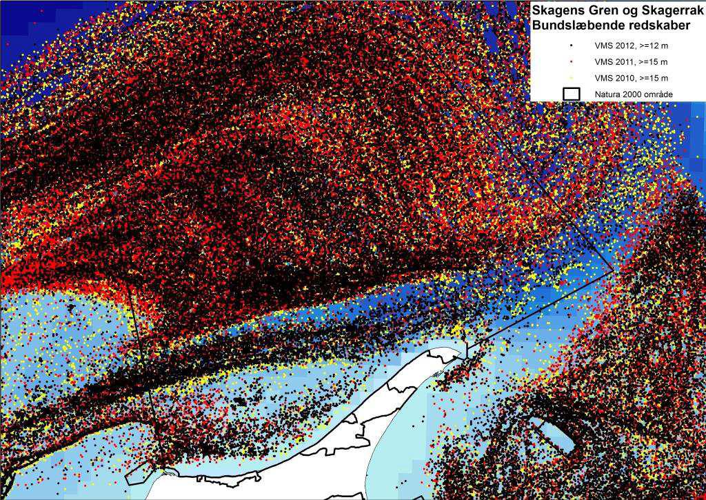 GPS visning af fiskeriaktivitet med bundslæbende redskaber omkring Skagens gren