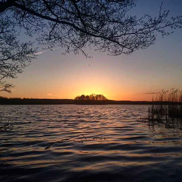 Fyns største sø som er Arreskov sø ses ved solnedgang